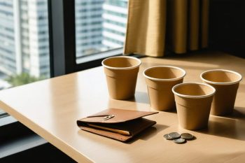 Unbranded takeout containers and chopsticks on a small apartment table beside an open wallet with coins, with the CN Tower and city lights softly blurred through the window.