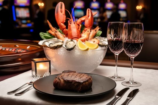 Elegant table with dry‑aged steak, seafood tower, and red wine in a dimly lit casino restaurant, with a blurred roulette wheel and slot machine lights in the background.