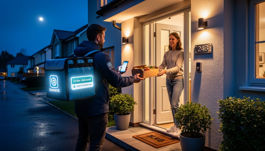 A delivery courier handing a sealed late-night food bag to someone at a lit doorstep at night