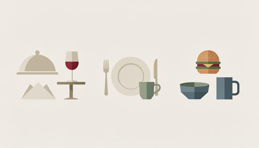 Assortment of dishes from fine dining and casual street food on a table under natural daylight