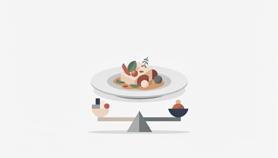Close-up of a fine dining tasting plate with utensils resting on a table under soft indoor light
