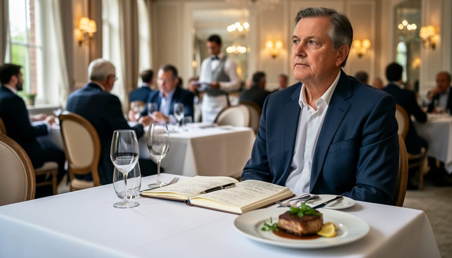Food critic holding a notebook and pencil at a restaurant table with a plated dish softly blurred in the background