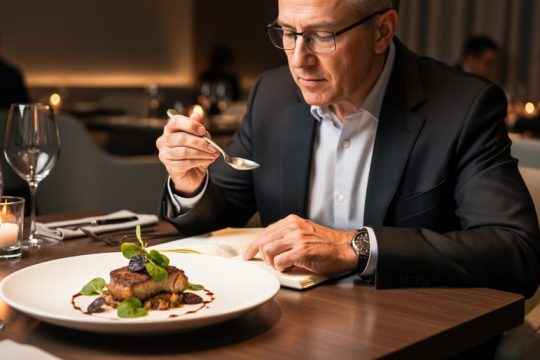 A food critic tasting a plated meal at a restaurant table while writing notes in a notebook, with blurred candlelit dining room in the background.