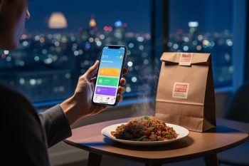 “Hand holding a smartphone with a glowing delivery app next to a steaming takeout meal in a softly lit apartment at night”