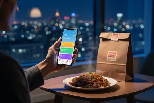 “Hand holding a smartphone with a glowing delivery app next to a steaming takeout meal in a softly lit apartment at night”