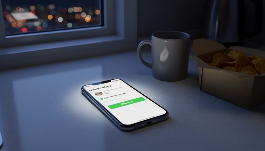 Person holding a smartphone over a kitchen counter at night next to takeout food