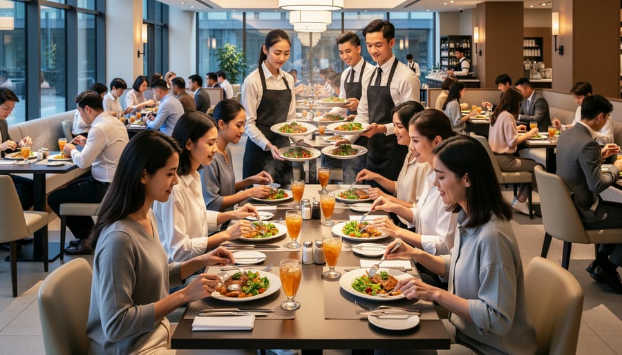 Server placing a dish in a softly lit dining room while the food critic sits nearby with face turned away