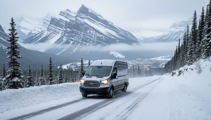 Delivery van parked near a lodge with snowy mountains in the background.