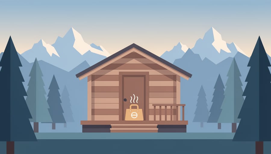Food delivery bag on a doorstep of a rustic cabin with mountains and trees in the background.