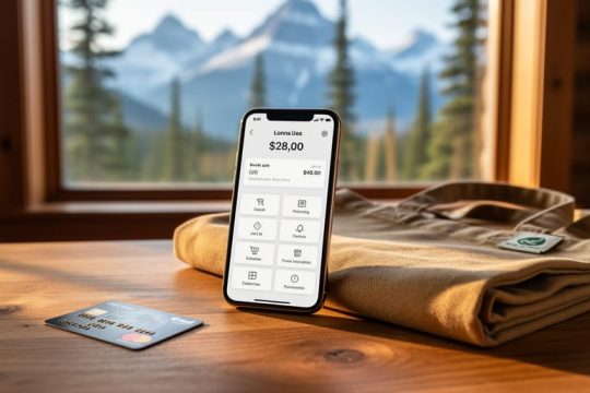 Smartphone and credit card on a wooden lodge table in Banff with blurred pine trees and snowcapped mountains in the background