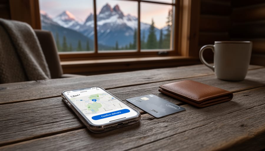 Smartphone and credit card on a table in a Banff-style lodge setting.