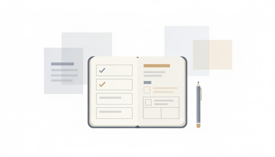 Blank notebook and utensils on a restaurant table representing careful, unbiased note-taking.