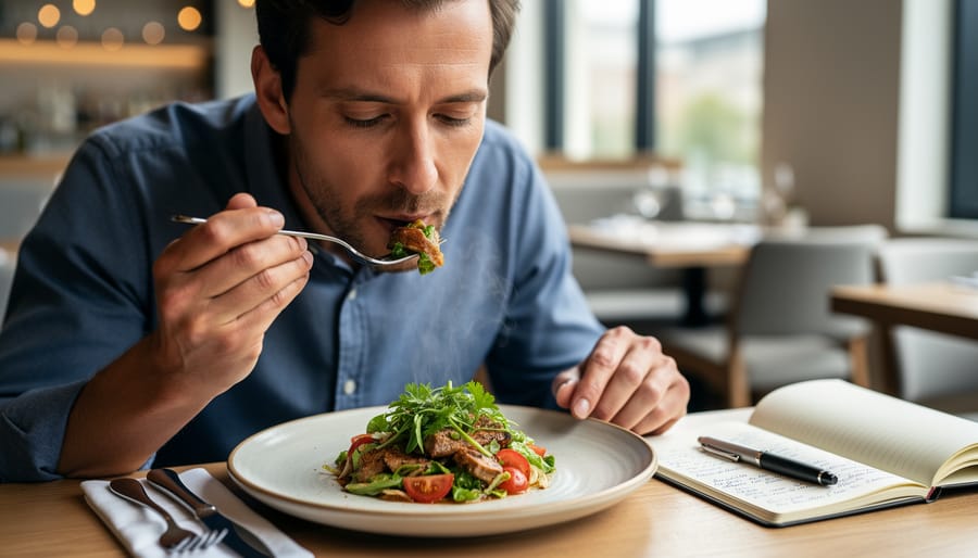 Chef’s hand placing a tasting spoon onto a ceramic plate in soft natural light.