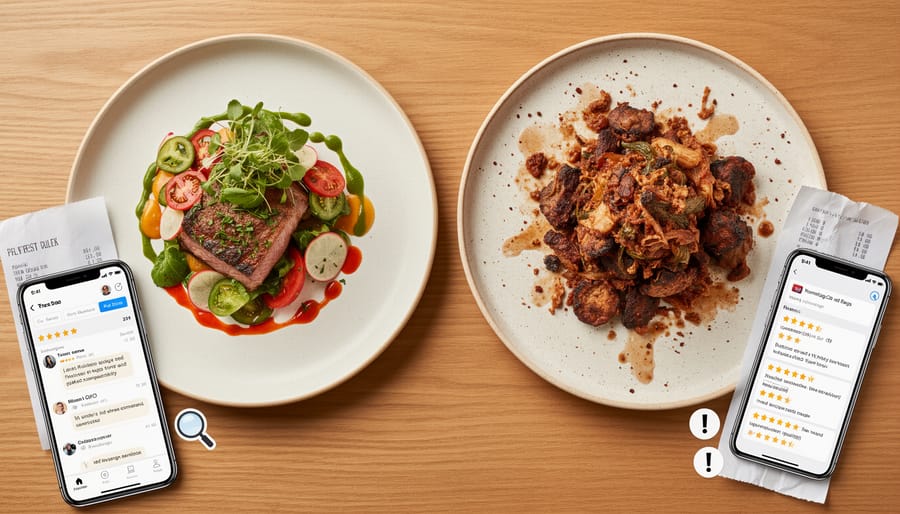 Two plates on a restaurant table with subtle signs of change, suggesting reader scrutiny of reviews.