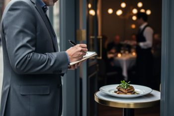 Anonymous food critic holding a notepad at a restaurant doorway with a meal plate visible inside, symbolizing integrity in honest reviews.