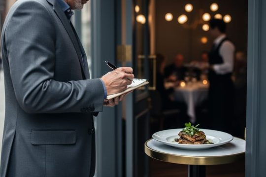 Anonymous food critic holding a notepad at a restaurant doorway with a meal plate visible inside, symbolizing integrity in honest reviews.