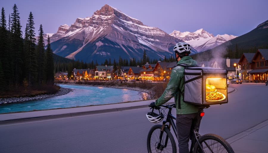 Insulated delivery carrier glowing in the foreground with Banff mountains at dusk in the background