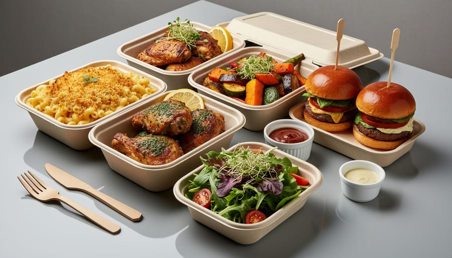 Modern plated comfort food on a dark slate table in a restaurant setting