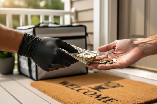 Cash bills and coins being handed to a customer next to an insulated food delivery bag on a porch.