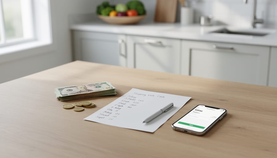 Cash and a smartphone on a kitchen table representing preparation for cash payment delivery