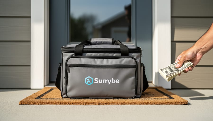 Cash payment in the form of bills and coins next to a food delivery bag on a front porch