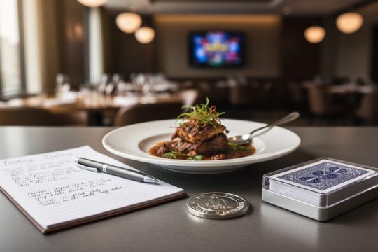 Tabletop scene showing a plated gourmet dish and tasting spoon alongside casino tokens, photographed with shallow depth of field to suggest disciplined responsible entertainment.