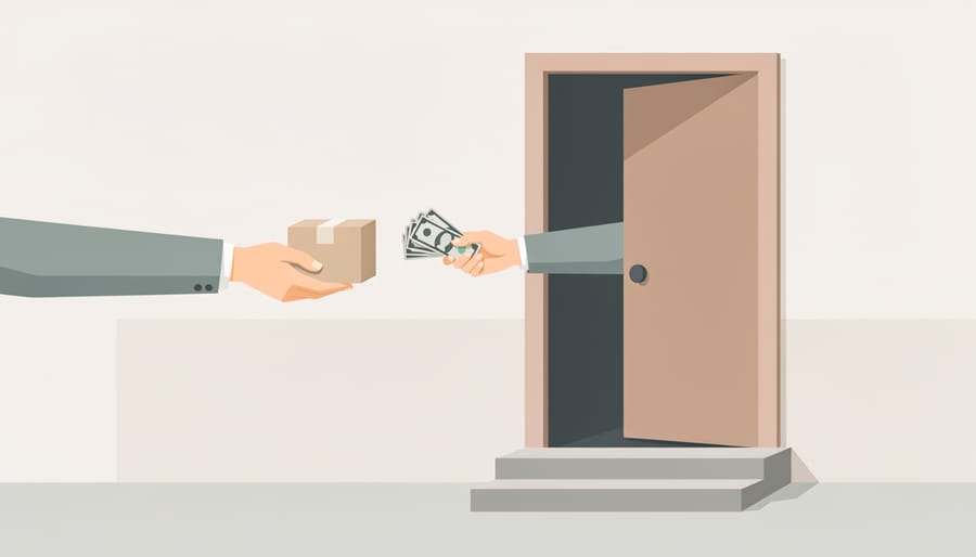 Delivery driver and customer exchanging cash at a front door with a delivery envelope in view