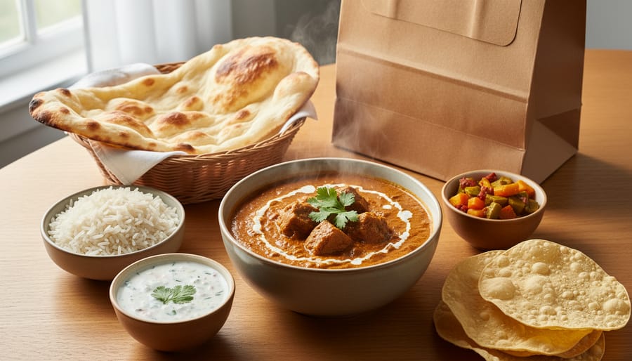 Steaming Indian curry with raita and naan on a tray in a home setting