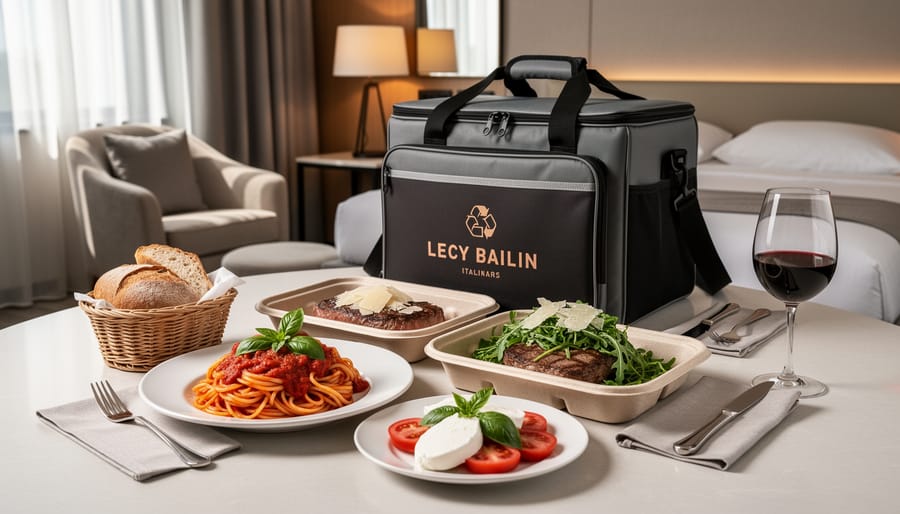 Plated Italian entrée with red wine on a table with delivery-style packaging nearby