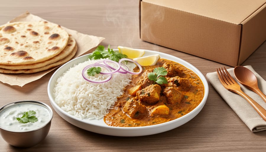 Close view of an authentic Indian curry with rice and naan on a wooden surface