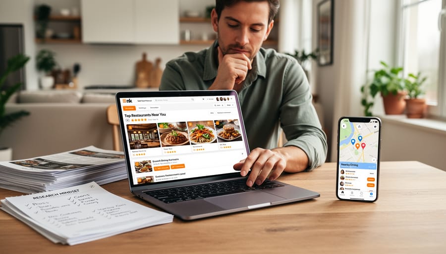 Person reading restaurant reviews at a wooden table with a smartphone nearby