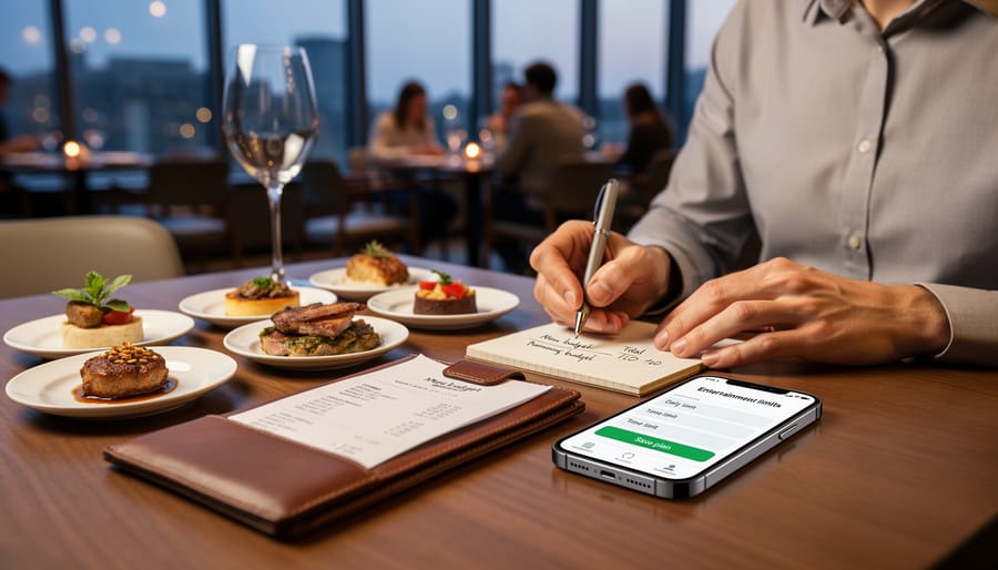 Portion-sized tasting dishes on a slate board with a notebook and pen nearby