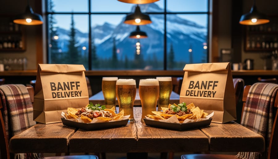 Craft beer and hearty pub food on a bar-style restaurant table with taps blurred in background