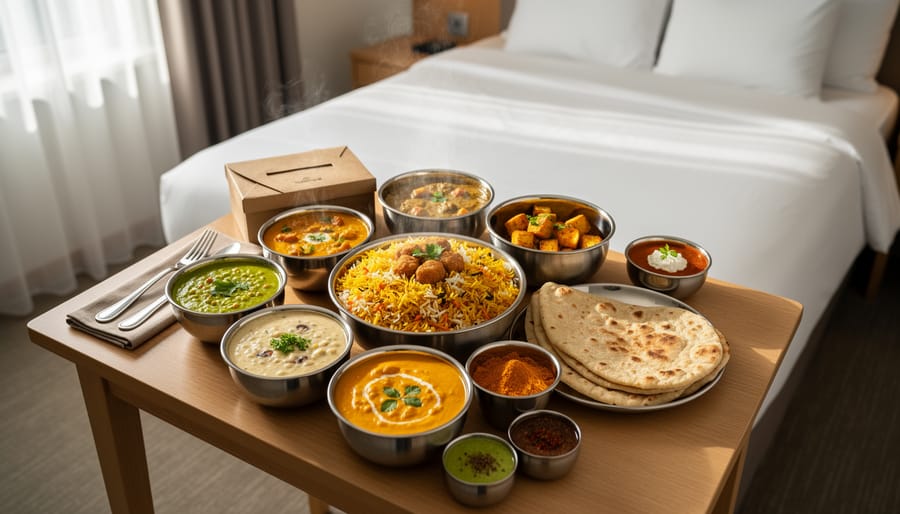 Elevated Indian meal with naan and chutney arranged on a tray inside a hotel room