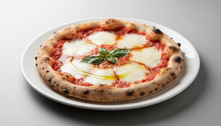 Close-up of a minimalist pizza with a few onion and pickle pieces emphasizing melted cheese and sauce
