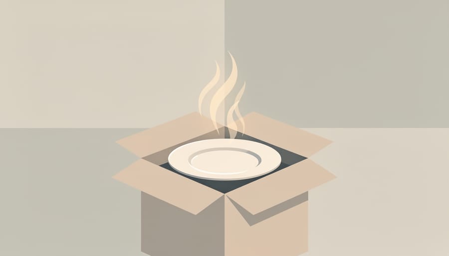 A plated fine-dining dish inside a lidded container with gentle steam on a kitchen counter.