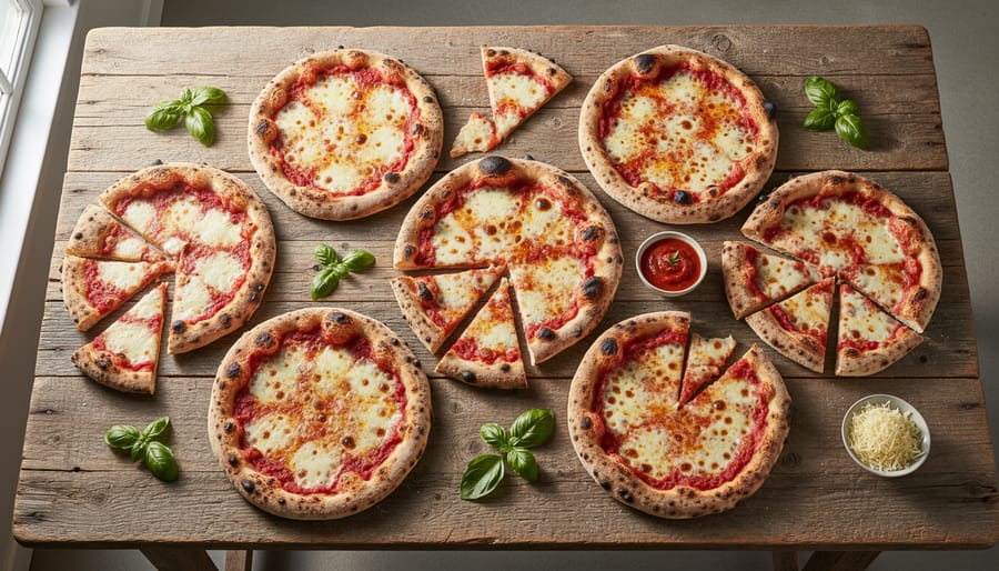 A wide spread of multiple minimalist cheese-forward pizzas arranged on a wooden table
