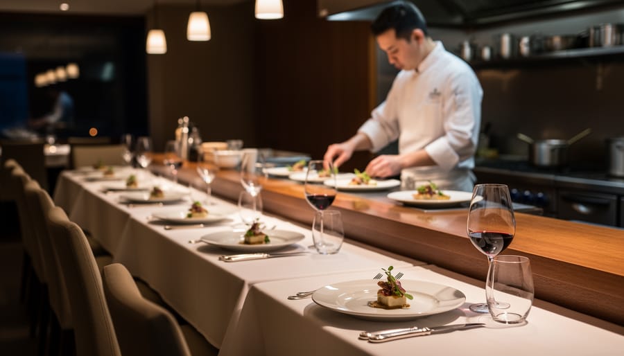 Chef’s table setting with tasting plates, folded linen napkins, and wine glasses in warm restaurant lighting