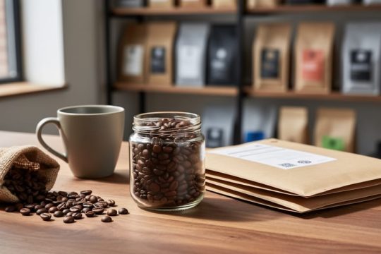 Freshly roasted specialty coffee beans in a glass jar next to subscription coffee mailers and a ceramic cup on a wooden countertop.