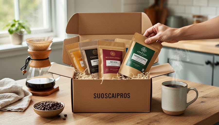 Hands opening a coffee subscription box with fresh specialty coffee bags and a tasting cup on a kitchen counter