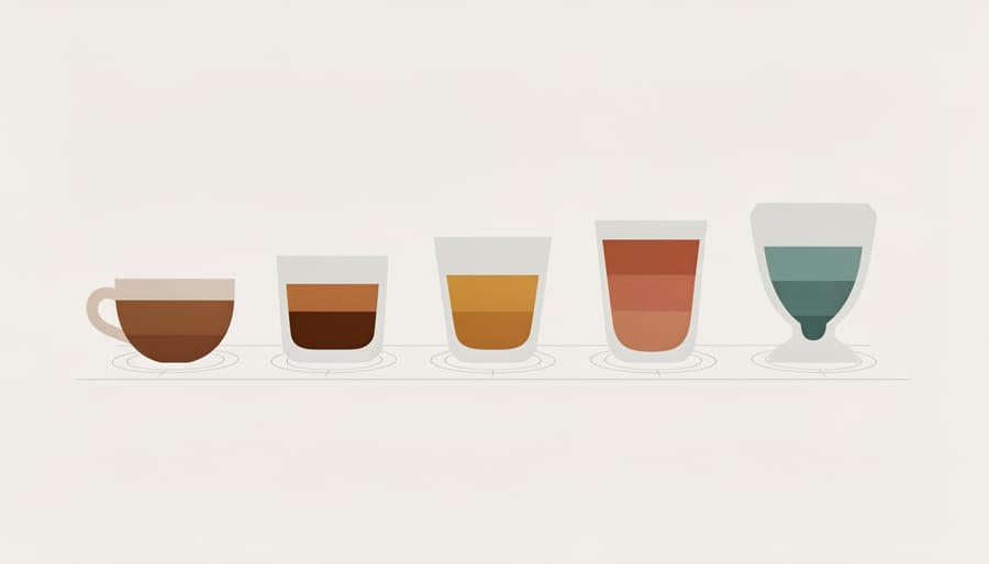 Coffee tasting flight with three cups showing different coffee shades and crema patterns on a wooden tray
