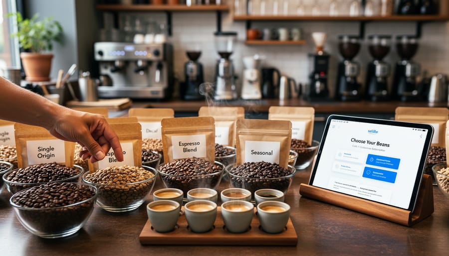 Assorted specialty coffee bags and brewing tools arranged on a kitchen counter
