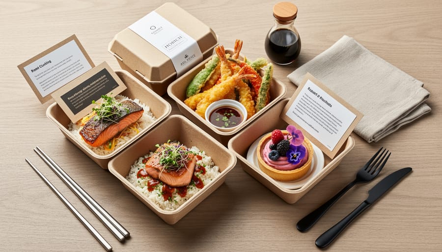Contemporary fusion meal packed in a premium delivery box with colorful sides