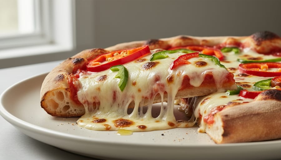 Close-up of a minimalist pizza slice being cut, showing crust texture and melted cheese interior