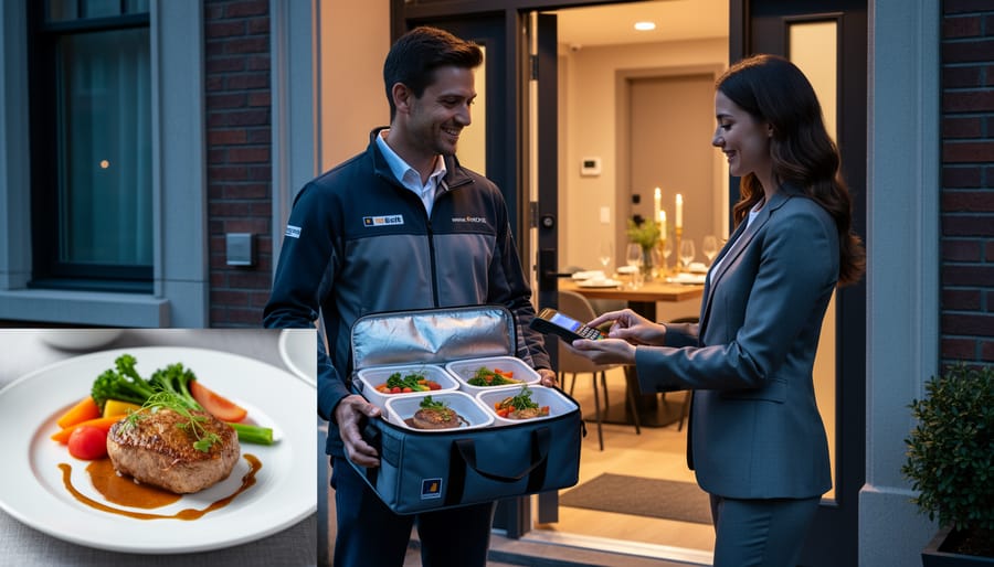 An upscale delivered meal on a dining table with wine and a payment device nearby.