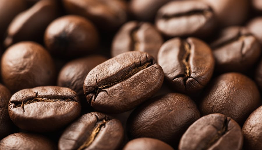 Macro view of coffee beans being poured into a glass bowl with a roaster date card nearby