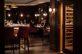 A warmly lit restaurant interior with an open wine cellar door and a glimpse of a chef’s tasting counter and reserved-looking seats, implying member-only experiences.