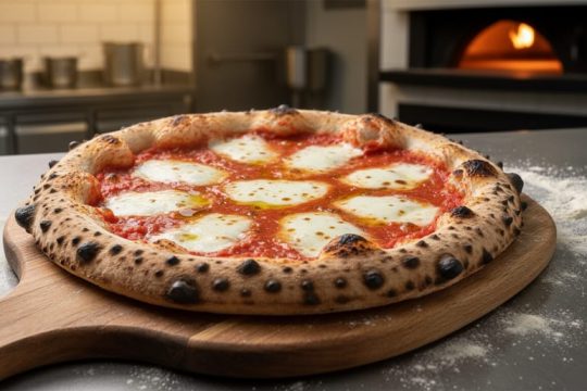 Close-up of a minimalist Margherita pizza with charred blistered crust, bright tomato sauce, and fresh mozzarella on a wooden pizza peel in a pizzeria setting.