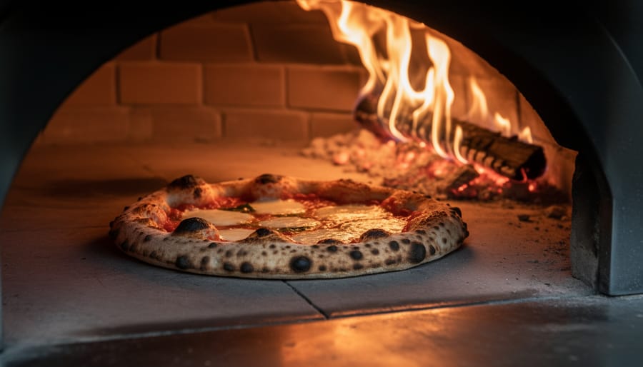 Minimal cheese pizza baking in a wood-fired oven on a peel with ember glow
