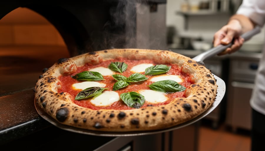 Wood-fired Margherita pizza on a peel with melted cheese and simple basil being pulled from a brick oven